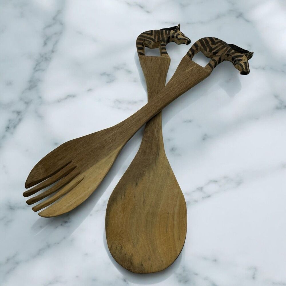Wooden Salad Servers Serving Spoon & Fork With Zebra Handle 11-12”
